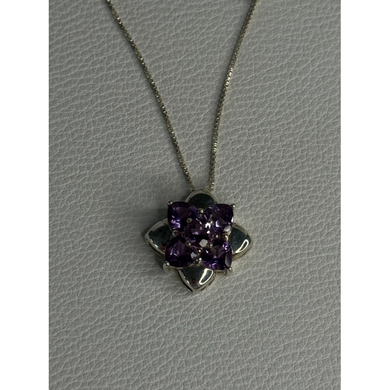 925 Sterling Silver Amethyst Flower Necklace Length 20 Inch