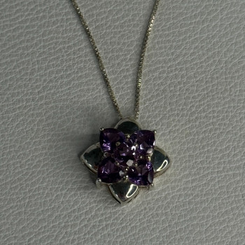925 Sterling Silver Amethyst Flower Necklace Length 20 Inch
