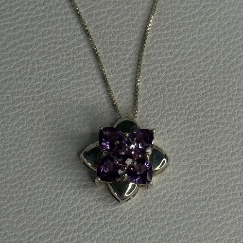 925 Sterling Silver Amethyst Flower Necklace Length 20 Inch