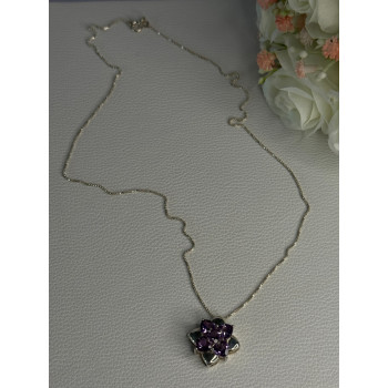 925 Sterling Silver Amethyst Flower Necklace Length 20 Inch