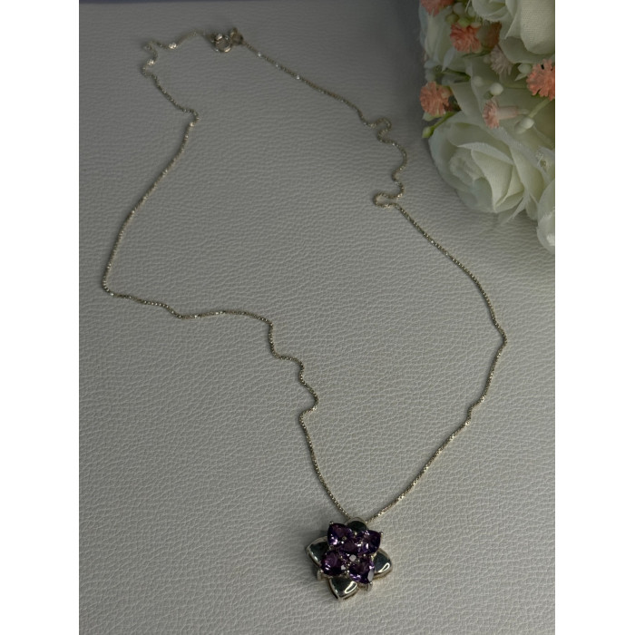 925 Sterling Silver Amethyst Flower Necklace Length 20 Inch