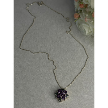 925 Sterling Silver Amethyst Flower Necklace Length 20 Inch