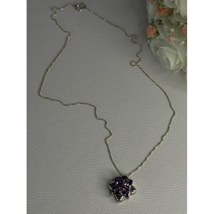 925 Sterling Silver Amethyst Flower Necklace Length 20 Inch