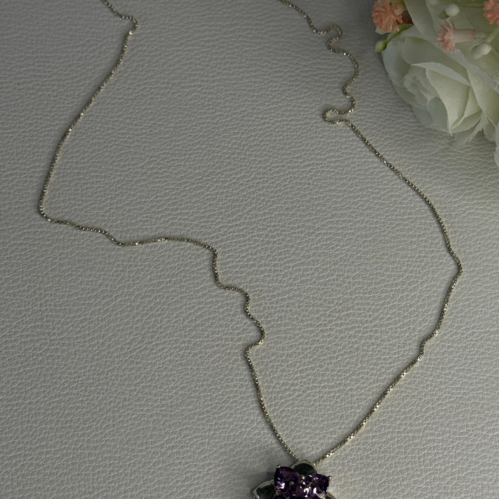 925 Sterling Silver Amethyst Flower Necklace Length 20 Inch