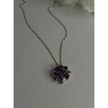 925 Sterling Silver Amethyst Flower Necklace Length 20 Inch