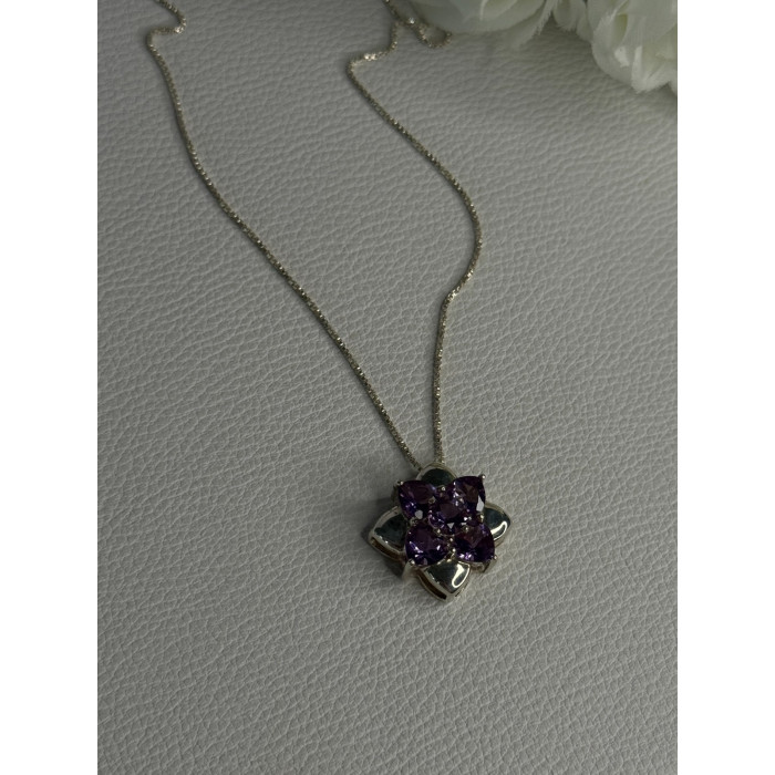 925 Sterling Silver Amethyst Flower Necklace Length 20 Inch