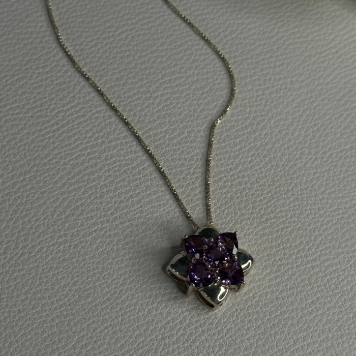925 Sterling Silver Amethyst Flower Necklace Length 20 Inch