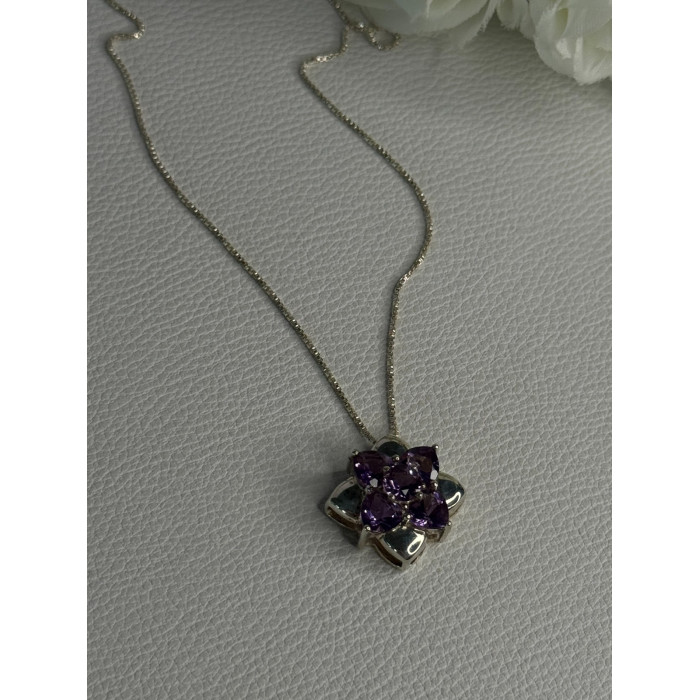 925 Sterling Silver Amethyst Flower Necklace Length 20 Inch