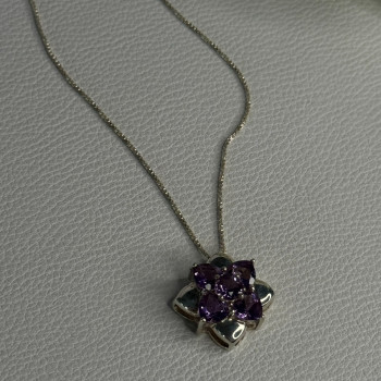 925 Sterling Silver Amethyst Flower Necklace Length 20 Inch