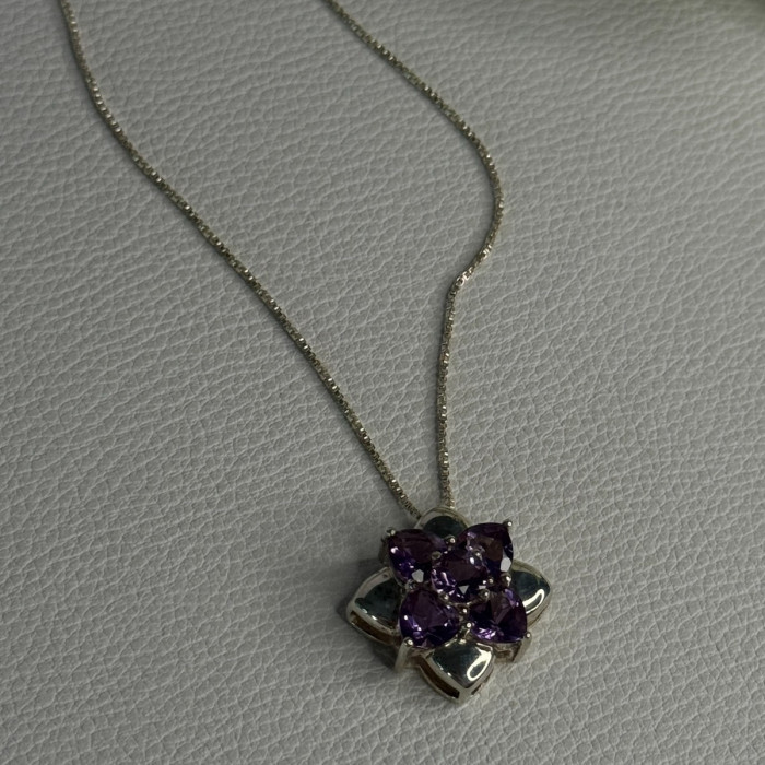 925 Sterling Silver Amethyst Flower Necklace Length 20 Inch