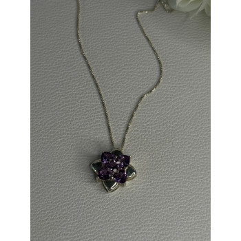 925 Sterling Silver Amethyst Flower Necklace Length 20 Inch