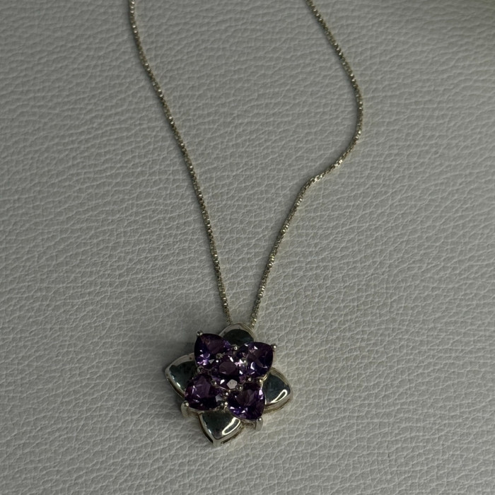 925 Sterling Silver Amethyst Flower Necklace Length 20 Inch