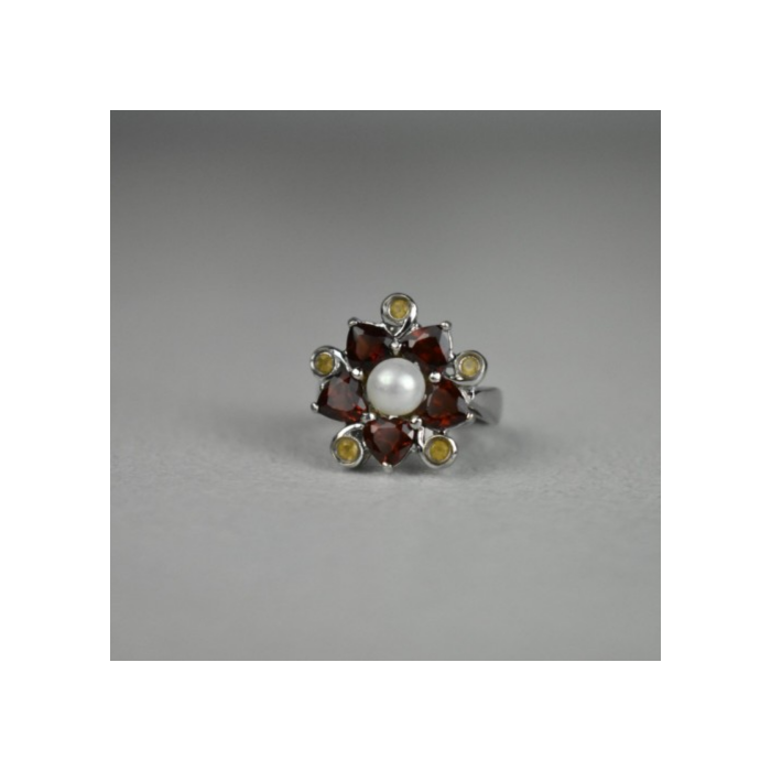 925 STERLING SILVER PEARL, ALMANDINE & HELIODOR 