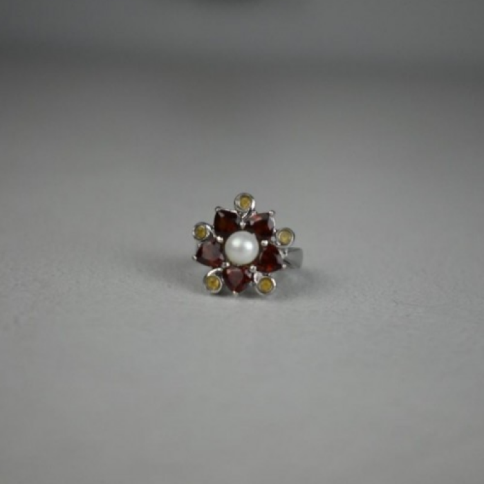 925 Sterling Silver Pearl, Almandine & Heliodor 