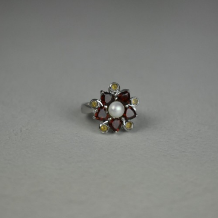 925 Sterling Silver Pearl, Almandine & Heliodor 