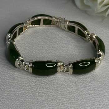 925 Sterling Silver Green Nephrite Bracelet Length 7.5