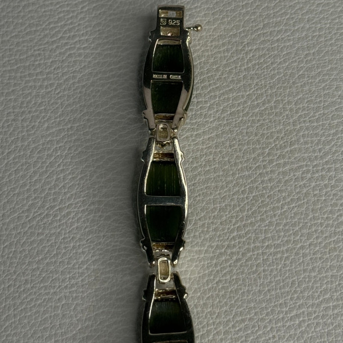 925 Sterling Silver Green Nephrite Bracelet Length 7.5