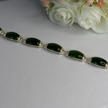 925 Sterling Silver Green Nephrite Bracelet Length 7.5
