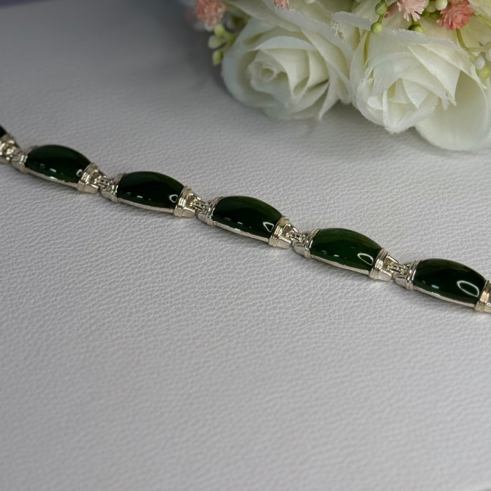 925 Sterling Silver Green Nephrite Bracelet Length 7.5