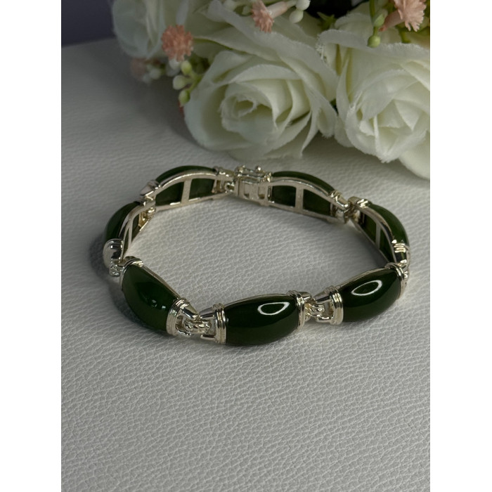 925 Sterling Silver Green Nephrite Bracelet Length 7.5