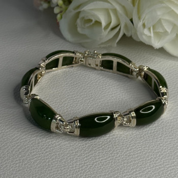 925 Sterling Silver Green Nephrite Bracelet Length 7.5