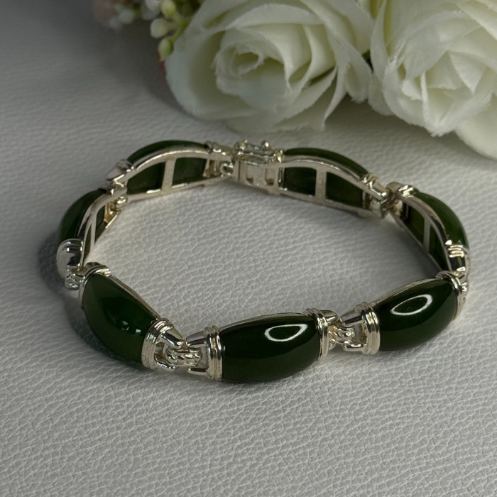 925 Sterling Silver Green Nephrite Bracelet Length 7.5