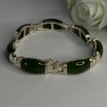 925 Sterling Silver Green Nephrite Bracelet Length 7.5
