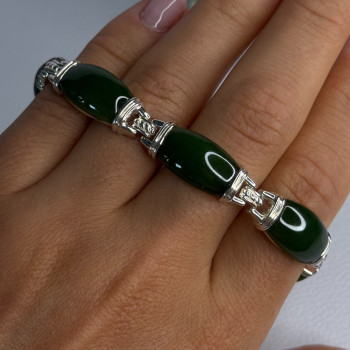 925 Sterling Silver Green Nephrite Bracelet Length 7.5