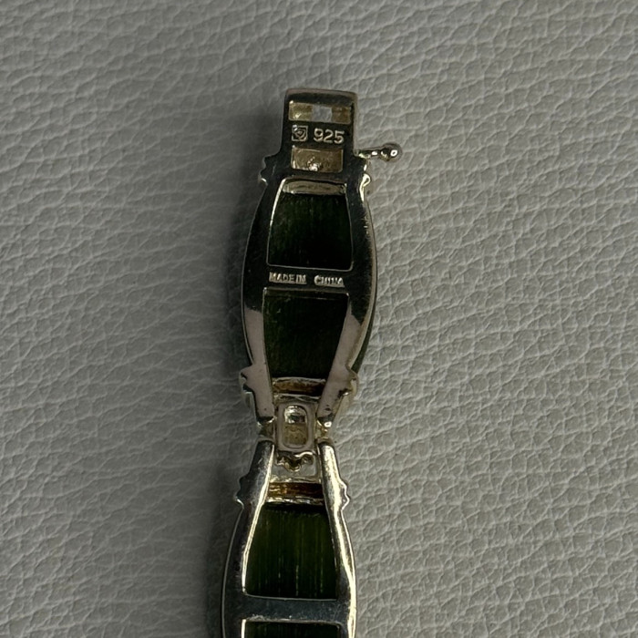 925 Sterling Silver Green Nephrite Bracelet Length 7.5