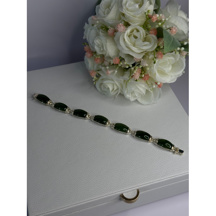 925 Sterling Silver Green Nephrite Bracelet Length 7.5