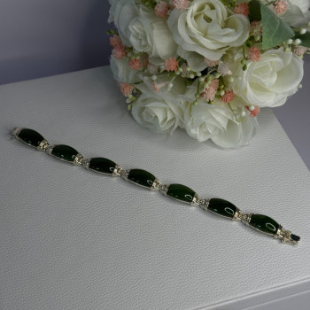 925 Sterling Silver Green Nephrite Bracelet Length 7.5