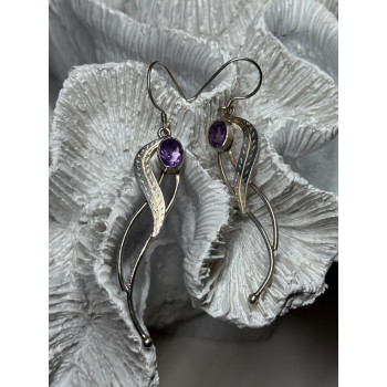 925 Sterling Silver Amethyst Earrings Length 2.6 Inch