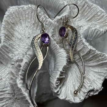 925 Sterling Silver Amethyst Earrings Length 2.6 Inch