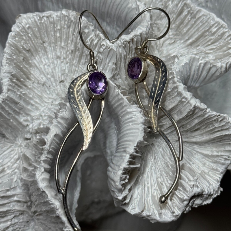 925 Sterling Silver Amethyst Earrings Length 2.6 Inch