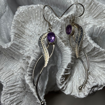 925 Sterling Silver Amethyst Earrings Length 2.6 Inch