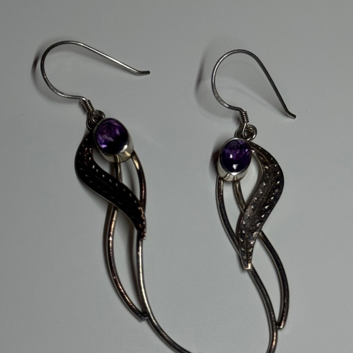 925 Sterling Silver Amethyst Earrings Length 2.6 Inch
