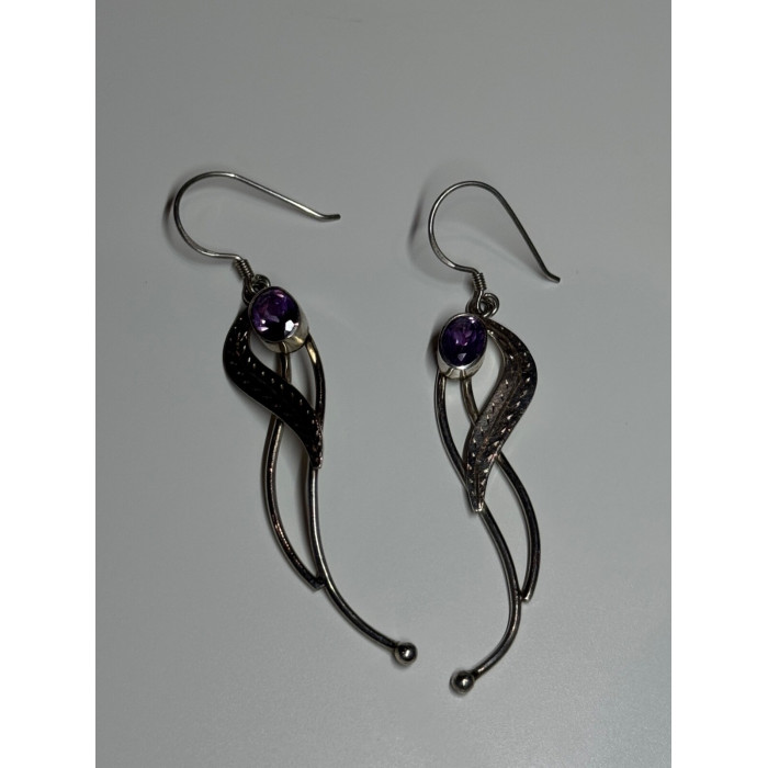 925 Sterling Silver Amethyst Earrings Length 2.6 Inch