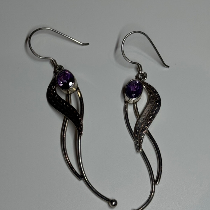 925 Sterling Silver Amethyst Earrings Length 2.6 Inch