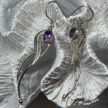 925 Sterling Silver Amethyst Earrings Length 2.6 Inch