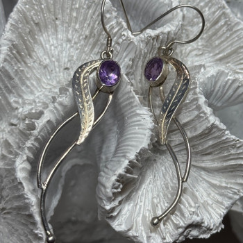 925 Sterling Silver Amethyst Earrings Length 2.6 Inch