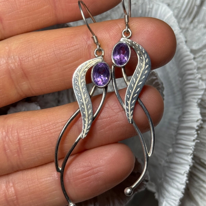 925 Sterling Silver Amethyst Earrings Length 2.6 Inch