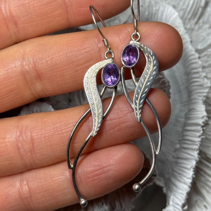 925 Sterling Silver Amethyst Earrings Length 2.6 Inch