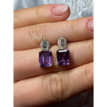 925 Sterling Silver Tourmaline & Marcasite Earrings Length 0.7 Inch