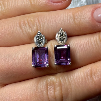 925 Sterling Silver Tourmaline & Marcasite Earrings Length 0.7 Inch