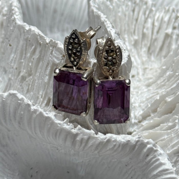 925 Sterling Silver Tourmaline & Marcasite Earrings Length 0.7 Inch