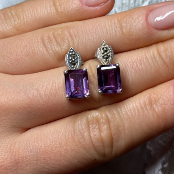 925 Sterling Silver Tourmaline & Marcasite Earrings Length 0.7 Inch