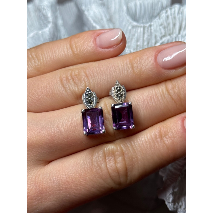 925 Sterling Silver Tourmaline & Marcasite Earrings Length 0.7 Inch