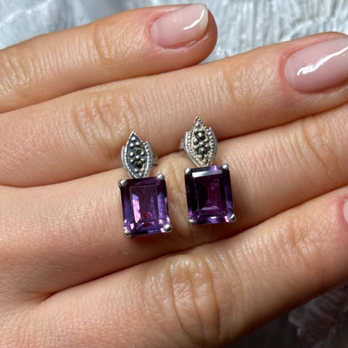 925 Sterling Silver Tourmaline & Marcasite Earrings Length 0.7 Inch