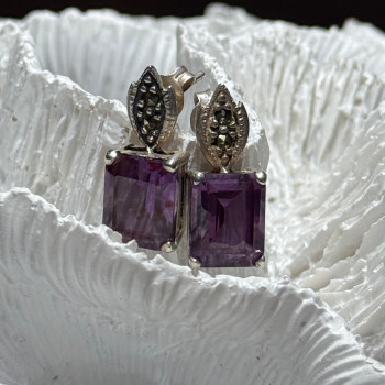 925 Sterling Silver Tourmaline & Marcasite Earrings Length 0.7 Inch