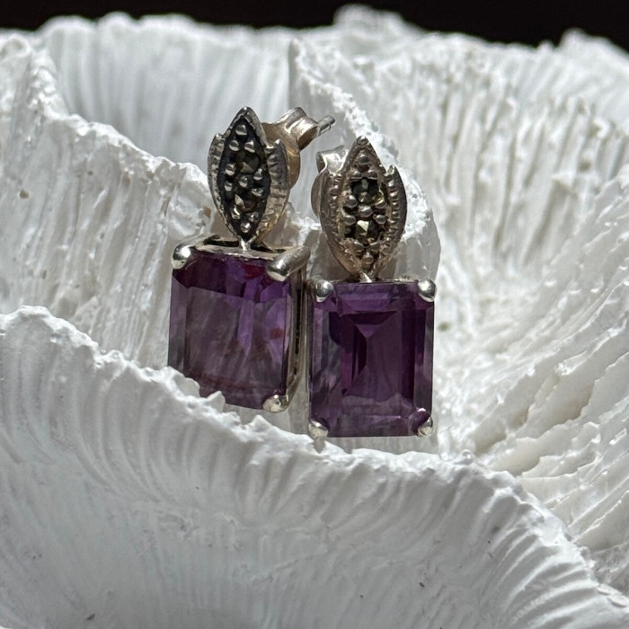 925 Sterling Silver Tourmaline & Marcasite Earrings Length 0.7 Inch